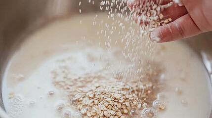 Fototapeta premium A hand sprinkling finely ground colloidal oats into a soothing milk bath.