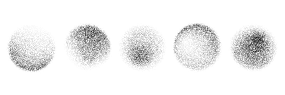 Black round stippled gradient collection. Grunge circle dotted shadow set. Radial noise texture brush pack. Halftone grainy sand diffuse shape bundle. Round spray patterns. Vector dot work forms