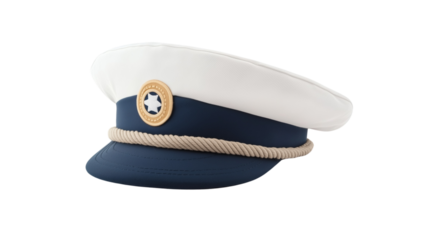 A vintage U.S. Navy officer cap placed on an old nautical map with a brass compass and binoculars nearby on transparent png background. Ai generated