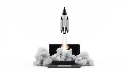 Rocket Launching from Laptop: A 3D Render of Digital Innovation AI Generated