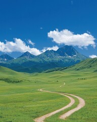Fototapeta premium Winding path through lush green valley mountain range landscape serene environment scenic view nature's beauty
