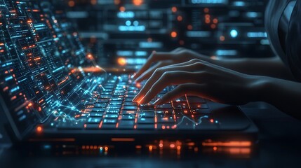 A businesswoman typing on a futuristic keyboard, overlaid with real-time stock market updates and blockchain-powered financial transactions, glowing AI algorithms forming a data web,