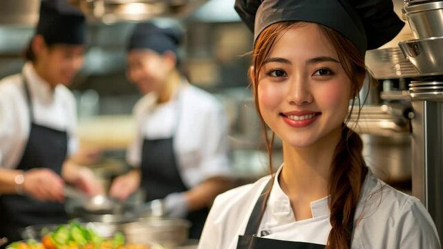 Passionate Chef in Action: A confident female chef in a white toque and apron beams with passion as she prepares a meal, surrounded by a bustling professional kitchen.