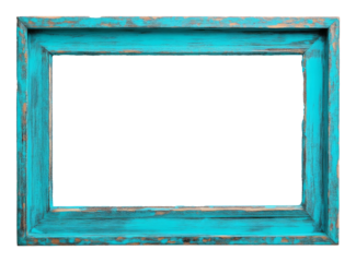 Rustic blue wooden picture frame with empty center, vintage decor concept