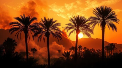 Obraz premium Stunning Sunset Over Palm Trees with Mountain Silhouette and Vibrant Sky Colors