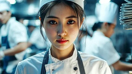 The Chef's Gaze:  A female chef in a pristine white uniform, with a focused expression and smoldering eyes, stares intently at the camera in a busy restaurant kitchen.
