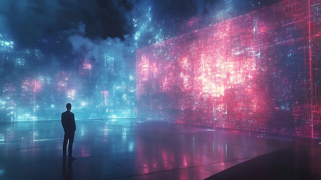 A cyber-enhanced financial expert reviewing blockchain business models on a floating holographic display, infused with neural network patterns and digital innovation waves, deep futuristic ambiance.