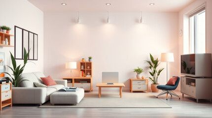 Cozy modern living room with warm tones and simple decor in a bright space