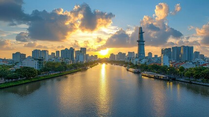 Naklejka premium Captivating Sunset over the Saigon River, Vietnam. Stunning cityscape, modern architecture, and vibrant city life at golden hour.