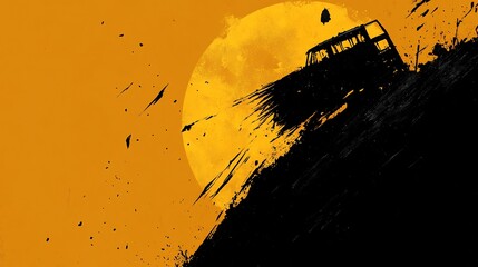 Silhouette vehicle speeds downhill sunset bold graphic design. AI Generated