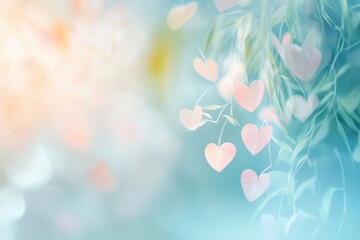 Heart Shaped Leaves on a Branch Soft Pastel Colors Dreamy Nature Background