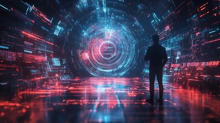 Fototapeta premium A finance expert giving a presentation on global digital finance, merged with a glowing decentralized ledger, flowing cryptocurrency exchange rates surrounding them,