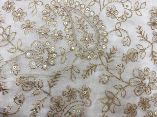 An intricate paisley motif weaves through delicate golden floral embroidery on soft white georgette.