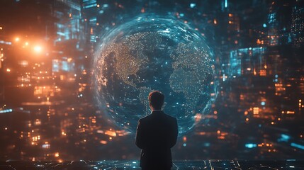 A financial expert presenting futuristic business insights, double exposure with interconnected blockchain nodes and a digital Earth, ultra-realistic reflections, cinematic depth. --ar 16:9