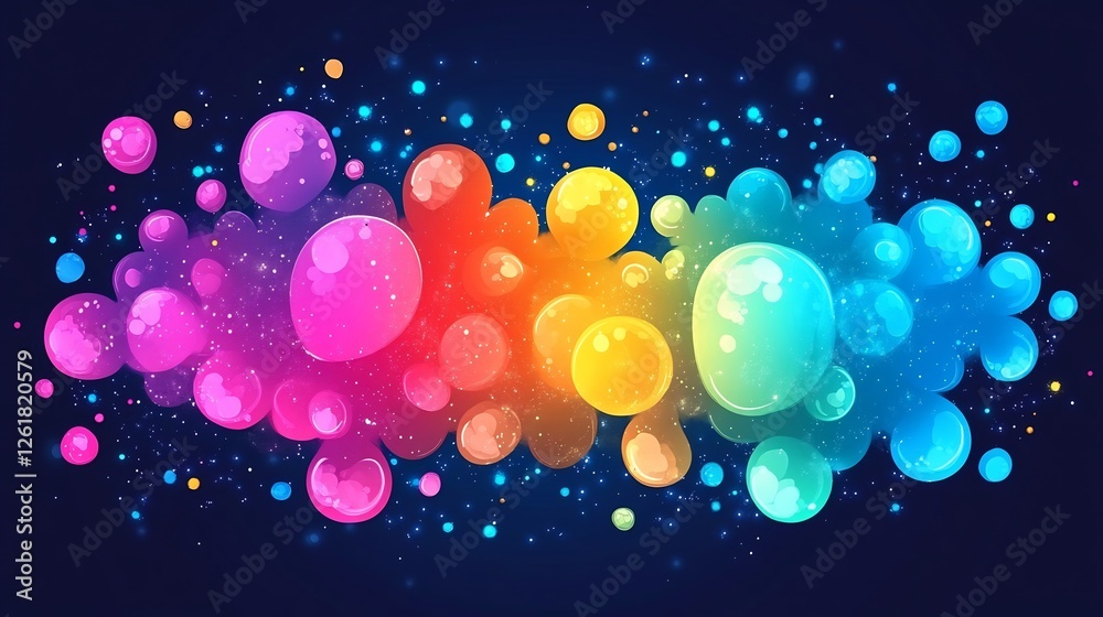 Wall mural Vibrant rainbow bubbles playfully dance across a dark background glowing with sparkling light. AI Generated