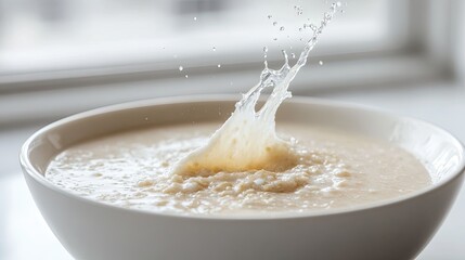 A simple white bowl of colloidal oatmeal with a splash of milk.