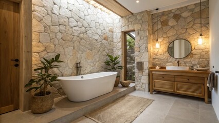 A modern bathroom featuring a freestanding tub, stone walls, wooden accents, and greenery, creating a serene and stylish atmosphere.