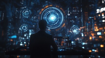 A futuristic CEO analyzing data on a holographic interface, overlaid with interconnected global business networks, deep blue cyber lighting, hyper-realistic textures, cinematic glow. --ar 16:9