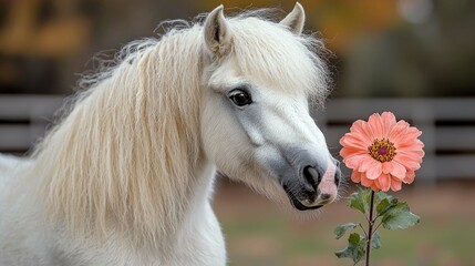 Close-up of a white pony with soft mane, gently smelling a delicate peach dahlia flower. A captivating portrait of equine beauty in nature.