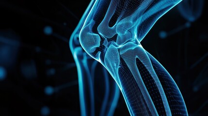 Human knee joint, anatomy, medical science, 3D rendering, dark background, healthcare