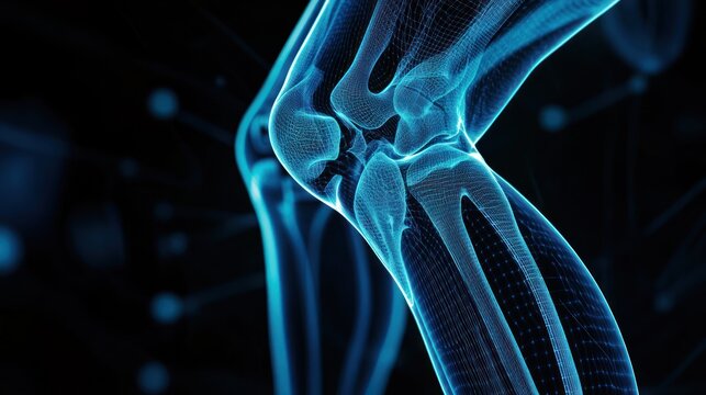Human knee joint, anatomy, medical science, 3D rendering, dark background, healthcare