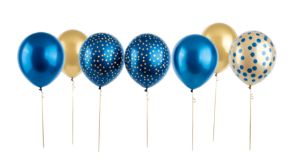 Elegant gold and royal blue balloons with floating gold confetti against a bright on transparent png background. Ai generated