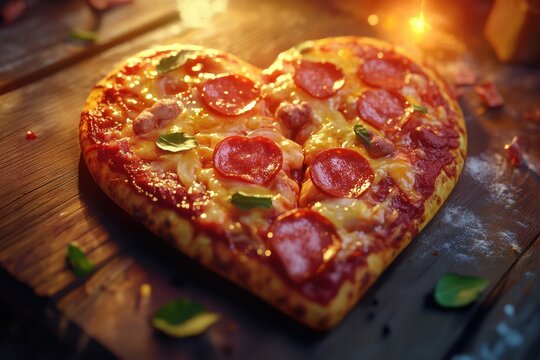 Heart Shaped Pizza with Pepperoni and Cheese on Rustic Wooden Background