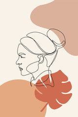 Boho minimalist of Woman Face Portrait Continuous One Line Drawing. Female Portrait Beautifull Outline Drawing Line Art in Bohemian style.