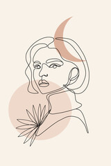 Boho minimalist of Woman Face Portrait Continuous One Line Drawing. Female Portrait Beautifull Outline Drawing Line Art in Bohemian style.