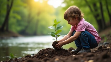 A child plants a tree near a river, creating a hopeful and inspiring atmosphere. The scene celebrates the connection between trees and water conservation and highlights the importance of reforestation