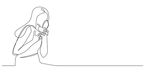continuous line of woman inhaling steam.one line drawing of woman having asthma and inhaling steam.single line vector illustration of health concept.isolated white background