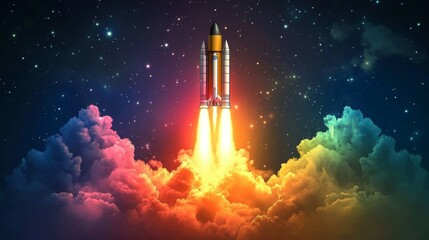 A vibrant vector illustration of a rocket launching into space, surrounded by colorful cosmic clouds and glowing stars. The surreal gradient hues enhance the futuristic and adventurous atmosphere.