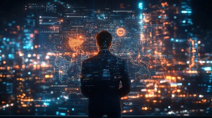 A tech-savvy business strategist surrounded by floating holographic business trends, overlaid with a glowing financial network stretching across continents, cinematic photorealistic lighting,