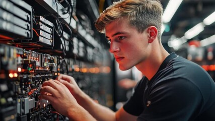 Focused Technician: A young, focused technician meticulously works on complex server hardware, showcasing his expertise and dedication in a dynamic data center environment. 