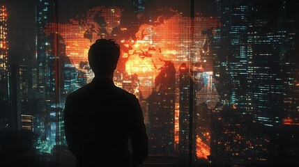 A visionary business leader gazing at a futuristic smart city skyline, double exposure with a glowing digital world map, holographic data streams flowing through skyscrapers,