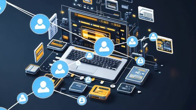 Global Network Connection: A laptop at the center of a complex network of interconnected devices and user icons, illustrating global communication and data flow.