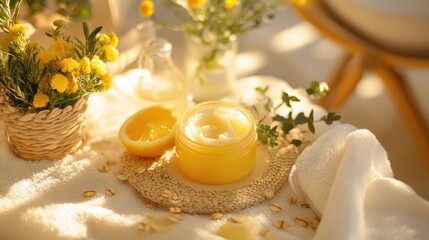 A warm and inviting skincare routine setup with oat-based natural products.