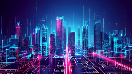 Fototapeta premium Futuristic city skyline with neon lights and digital elements at night