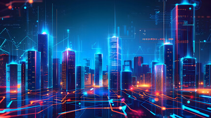 Obraz premium Futuristic city skyline at night with glowing skyscrapers and digital overlays