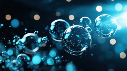 Floating soap bubbles reflect light in dreamy blue atmosphere