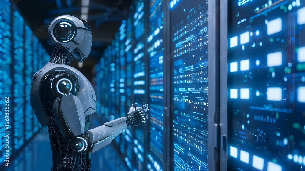 Poster futuristic robot interacting with data servers in a high-tech environment