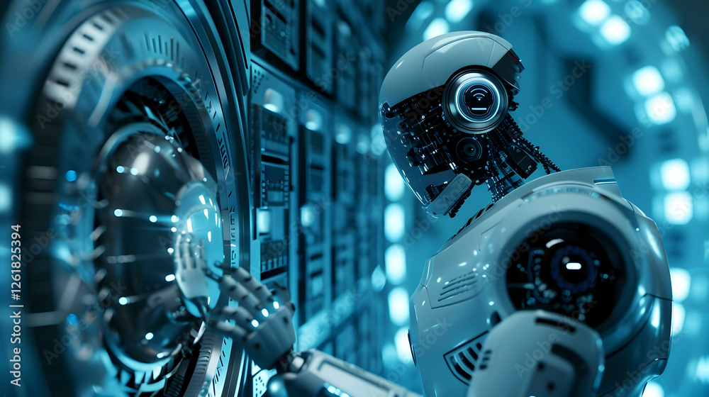 Poster futuristic robot interacting with a high-tech control panel in a sci-fi environment