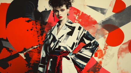 Obraz premium Dramatic portrait of stylish woman with bold makeup against abstract backdrop