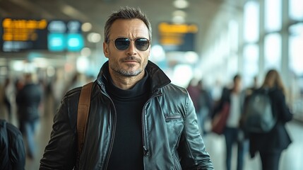 Obraz premium Stylish Man Wearing Leather Jacket In Airport