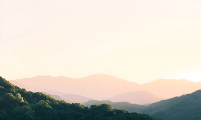 Obraz premium A tranquil mountain landscape with a soft golden sunset casting a warm glow over the trees and rolling hills. Generative AI