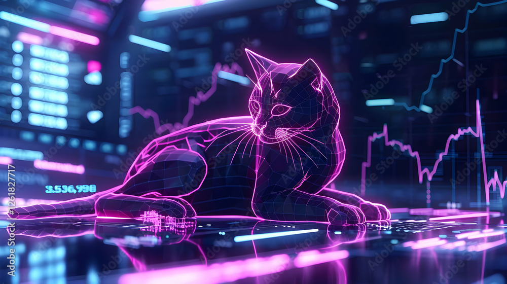 Poster futuristic digital cat resting on a high-tech interface with graphs and data