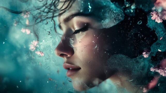 A surreal photo of a woman underwater, with pink flowers and water bubbles surrounding her, representing beauty and serenity.