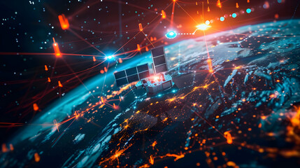 Obraz premium Satellite orbiting Earth with data connections illuminating cities at night