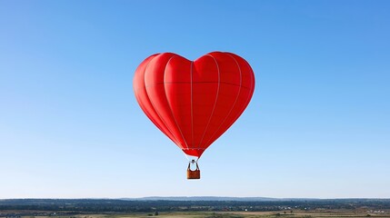 Fototapeta premium A heart-shaped balloon soaring high above a picturesque landscape, contrasting with the vibrant blue sky, symbolizing freedom and romance in a visually captivating way.