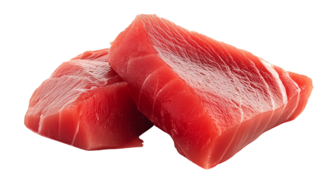 Top-down view of a perfectly seared ahi tuna steak with sesame crust, sliced into thin pieces on transparent png background. Ai generated